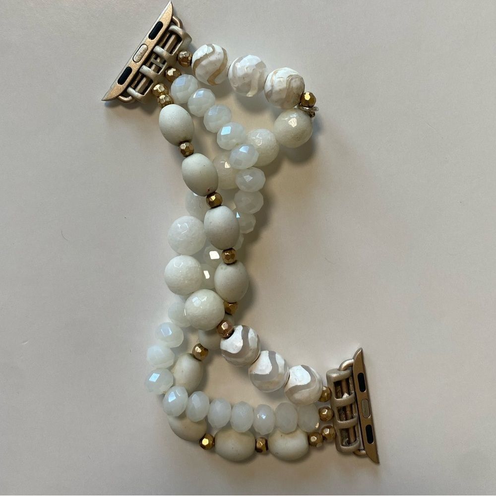 Apple Watch Band, stretchy, White Beaded band with gold accents